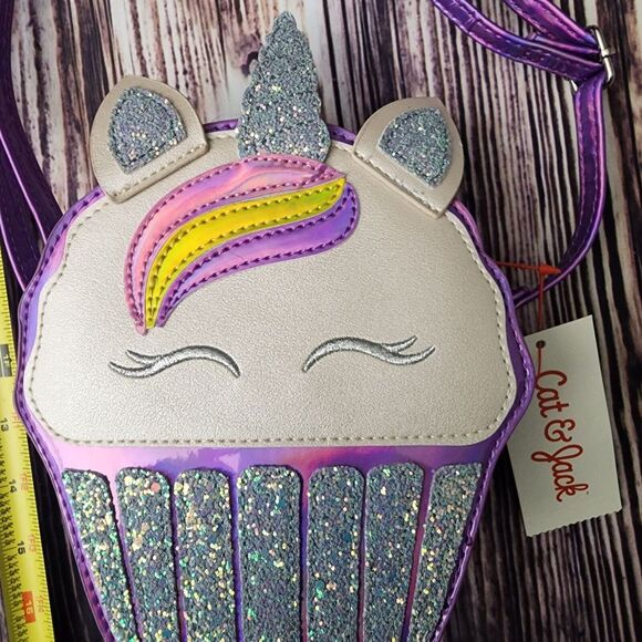 Cat & Jack Purple Unicorn colors Silver glitter Cupcake Crossbody Bag NEW NWT - Picture 4 of 7